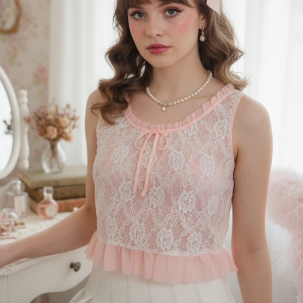 Vintage 60's tulle & lace ruffle top size S/M